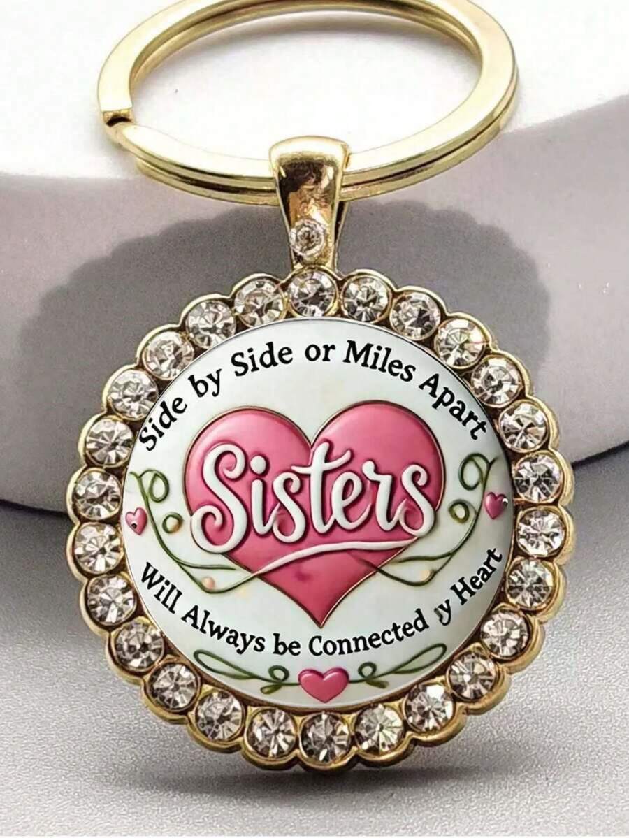 1pc Vintage Hip Hop Heart Letter Men's Alloy Glass Round Keychain - Multicolor - View 1