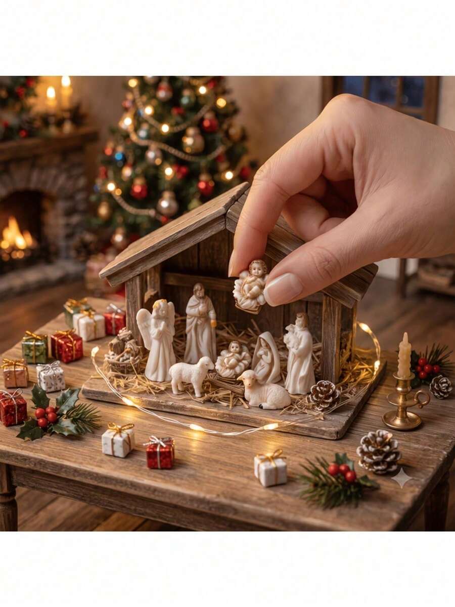 7-Piece Collectible Mini Nativity Scene Set, Includes Joseph And Sheep, Made Of Durable PVC And Resin, Religious Theme Christmas Decoration, Suitable For Home Decor, Religious Display, Showcase Display, Prayer Scene Arrangement - Multicolor - View 1