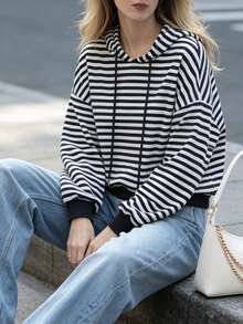 Women Fall Elegant Drawstring Hoodie, Striped Print Long Sleeve Cropped Loose Fit Holiday Festival Daily Tops - Black and White - View 9