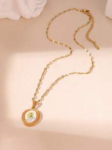 GEREIT 1PC 18k Gold Plated Stainless Steel Oval Bouquet Oval Yellow Flower Asymmetric Rose Flower Rectangular Rose Flower Pendant Necklace - Gold - View 4