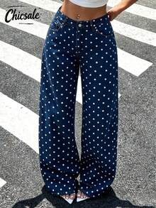 Women's Polka Dot Button Casual Versatile Daily Wear Denim Flare Pants, Autumn Outfit Fall - Navy Blue - View 1