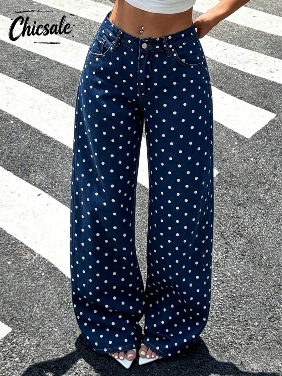 Women's Polka Dot Button Casual Versatile Daily Wear Denim Flare Pants, Autumn Outfit Fall - Navy Blue - View 1
