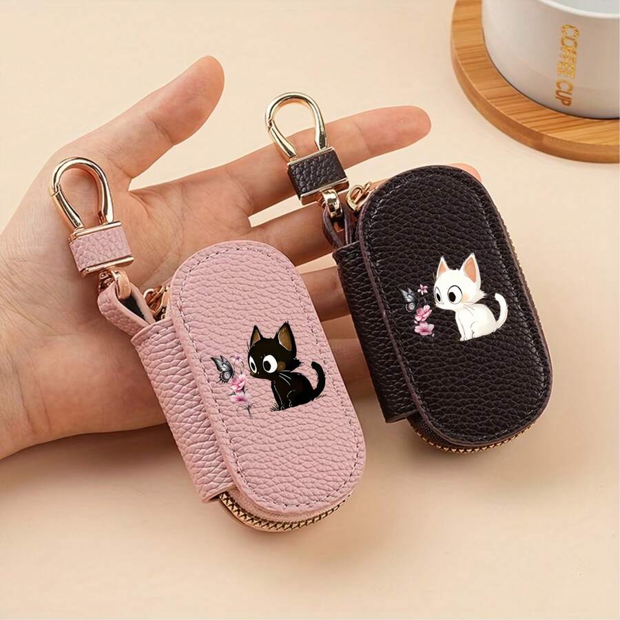 Cute Cat And Butterfly Print Unisex Lychee Texture Zipper Multifunctional Car Key Storage Bag, Perfect Gift For Christmas/Halloween/Birthdays