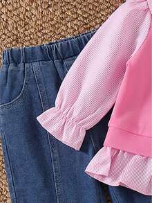 Infant Girl Pink Colorblock Collared Top & Denim 2-Piece Set, Spring/Autumn New Baby Girl Ruffle Hem Long Sleeve Versatile Casual Straight Leg Pants - Pink - View 6