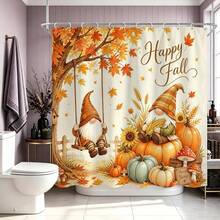 1pc Autumn Maple Leaf Pumpkin Shower Curtain, Vintage Design, Waterproof Bath Curtain, Suitable For Bathtub Partition, Bathroom Decor And Bathroom Accessories, Home Decor Gift - Multicolor - View 7