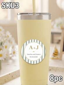 8/20/40pc Personalized Custom Monogram Wedding Stickers, Custom Names Date Round Sealing Labels, Green Stripe Floral Pattern, Wedding Favor Souvenir Gift, For Bride Groom Wedding Guests, Envelope Cup Gift Box Matchbox, Wedding Party Decor Stickers - Multicolor - View 14