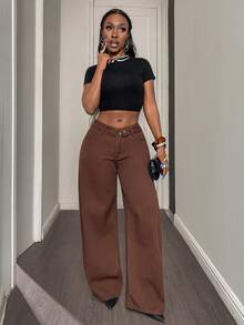 Women's Vintage Brown Wide Leg Jeans, Casual Denim Pants With Zipper And Pockets, Long Design - Coffee Brown - View 7
