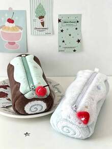 Swiss Roll Shaped Plush Pencil Case, Large Capacity Sweet Style Makeup Bag, Suitable For Daily Study And Office Supplies Storage - Multicolor - View 2