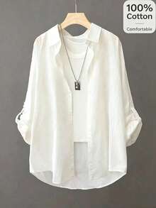 Women's 100% Pure Cotton Comfortable Fabric, White Long Sleeve Shirt Collar Top, With Rolled Sleeves, Regular Length, Loose Fit, Suitable For Spring And Autumn - White - View 1