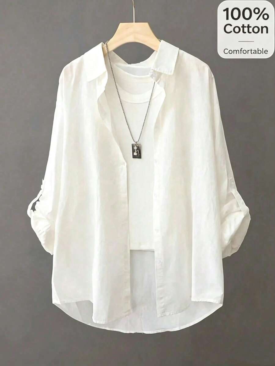 Women's 100% Pure Cotton Comfortable Fabric, White Long Sleeve Shirt Collar Top, With Rolled Sleeves, Regular Length, Loose Fit, Suitable For Spring And Autumn - White - View 1
