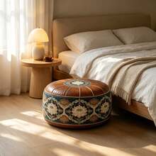 Chinese Lotus Embroidery Round Soft Ottoman, Vintage Faux Leather Padded Floor Stool, Traditional Floral Embroidery Decoration, Multi-Purpose As Extra Seating, Footstool, Coffee Table, Suitable For Living Room, Tea Room And Meditation Space - Multicolor - View 5