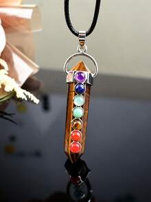 Natural Crystal Double-Pointed Pillar 7 Chakra Colorful Stone Pendant Necklace, Vintage Raw Stone Spiritual Jewelry Accessory - 7 Chakra Double Point Pendant - View 18