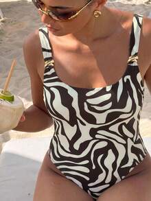 Women's New Animal Pattern Printed Thick Shoulder Strap Metal Jewelry One-Piece Swimsuit Suitable For Island Vacation Pool Parties - Multicolor - View 7