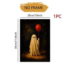 1PC Unframed Vintage Halloween Art Print, Cute Tattered Ghost Holding Red Balloon Dark Moody Background Wall Poster, Halloween Decor Fall Decor Wall Decor Home Decor, Whimsical Spooky Wall Decoration Gift For Halloween Season - Abstract - View 10