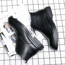 Sepatu bot tinggi pria motif kotak-kotak timbul dengan tali pengikat dan detail resleting samping, ujung bulat, gaya ramping, cocok untuk kantor, pesta, kencan, dan berbagai acara. - Hitam - View 5