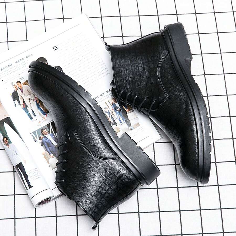 Men's Plaid Embossed Lace-Up High-Top Boots With Side Zipper Decor, Round Toe, Sleek Style, Suitable For Office, Party, Dating And Multiple Occasions - Black - View 1