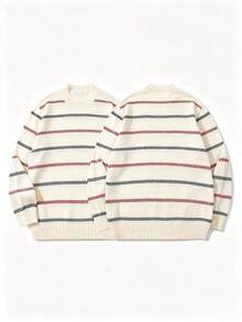 Vaulklash Men's Minimalist Striped Neutral Style Crew Neck Pullover Long Sleeve Knit Sweater, Casual Versatile, Suitable For Various Occasions - White - View 6