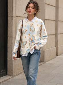 Women's Heart Print Long Sleeve Pullover, Regular Fit Ribbed Knit Polyester Sweater, Medium Stretch, Autumn/Winter Daily Wear White - White - View 2