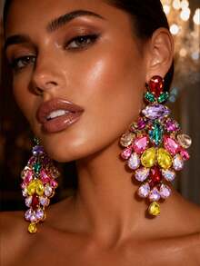 Dazzling Rhinestone Oversized Hoop Earrings For Women, Multicolor Gold Wedding Jewelry - Multicolor - View 12