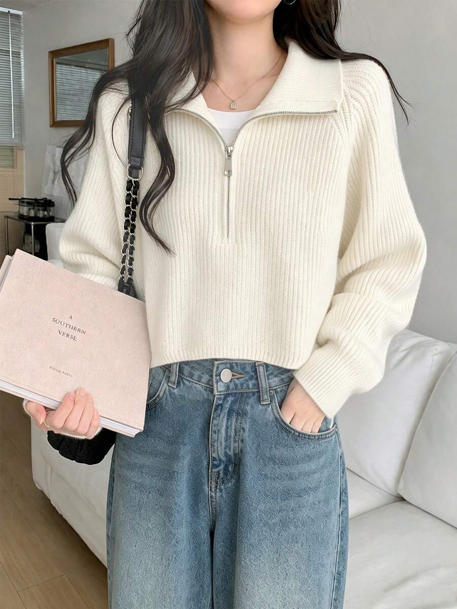 Women's Ribbed Knit Zip-Up Pullover Sweater, Regular Fit Long Sleeve Top For Autumn/Winter, Vertical Ribbed, Half-Zip Stand Collar Short Knit Sweater, Korean Minimalist Sexy Style, Solid Beige White, Short High-Waist Fit, Raglan Long Sleeve Half-Zip Ribbed Knit Top - White - View 1