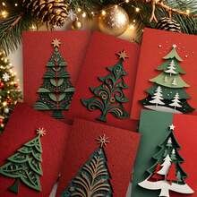 1/6/12 Sets Christmas Tree Greeting Cards, 6 Different Hollow-Out Styles, Christmas Tree, Star, Red Design, Christmas Winter Holiday Gift Cards For Family And Friends - A - View 4