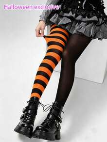 STAR RIVER 1 Pair Black & White Striped Gothic Tights, Y2K Colorblock Leggings, Sweet Lolita Socks, Halloween Cosplay - Multicolor - View 18
