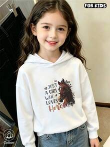 Kids Casual Loose Fit Hoodie With Horse Print & Colorful Letter Graphic, Breathable Long Sleeve Pullover For Spring Autumn Daily Wear & Outdoor Play - White - View 1