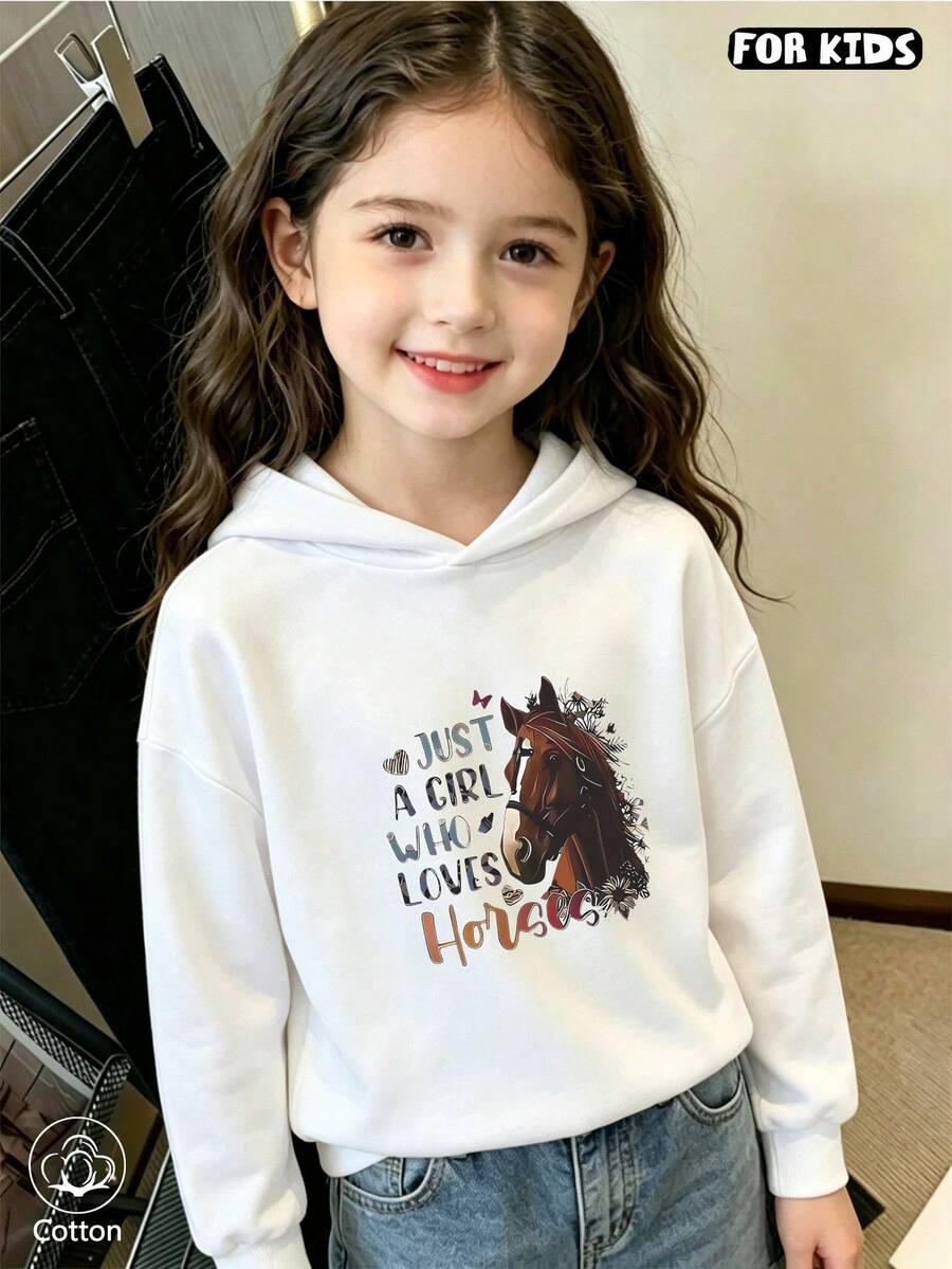 Kids Casual Loose Fit Hoodie With Horse Print & Colorful Letter Graphic, Breathable Long Sleeve Pullover For Spring Autumn Daily Wear & Outdoor Play - White - View 1