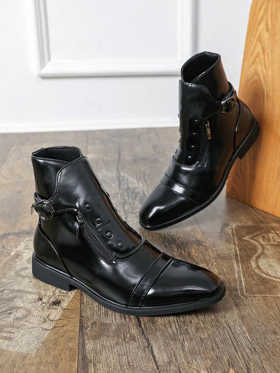 Men's Rivet Buckle Decor High-Top Ankle Boots With Side Zipper, Square Toe, Low Heel, Business Casual Shoes For Office, Banquet, Date, Commute And Daily Wear - Black - View 1