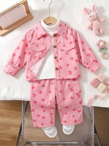 2pcs/Set Baby Girl Casual Sweet Cute Heart Print Collared Long Sleeve Lightweight Jacket And Pants Set, Spring/Autumn/Winter - Pink - View 1
