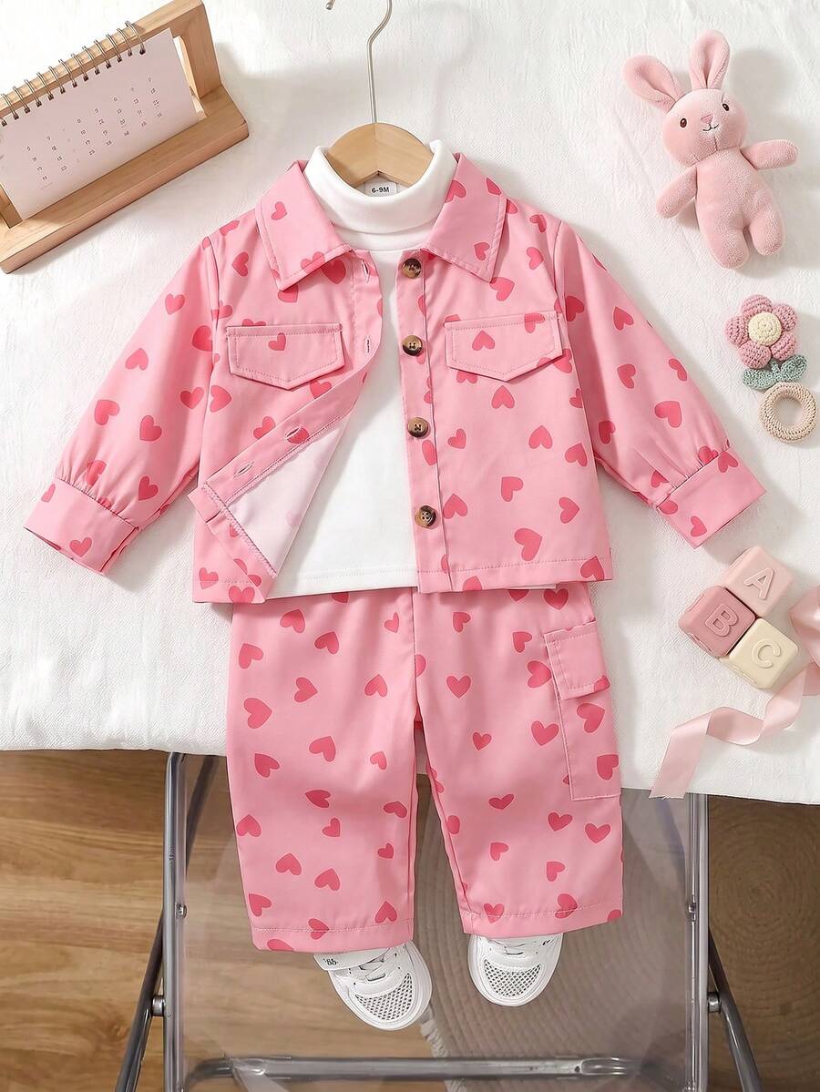 2pcs/Set Baby Girl Casual Sweet Cute Heart Print Collared Long Sleeve Lightweight Jacket And Pants Set, Spring/Autumn/Winter - Pink - View 1