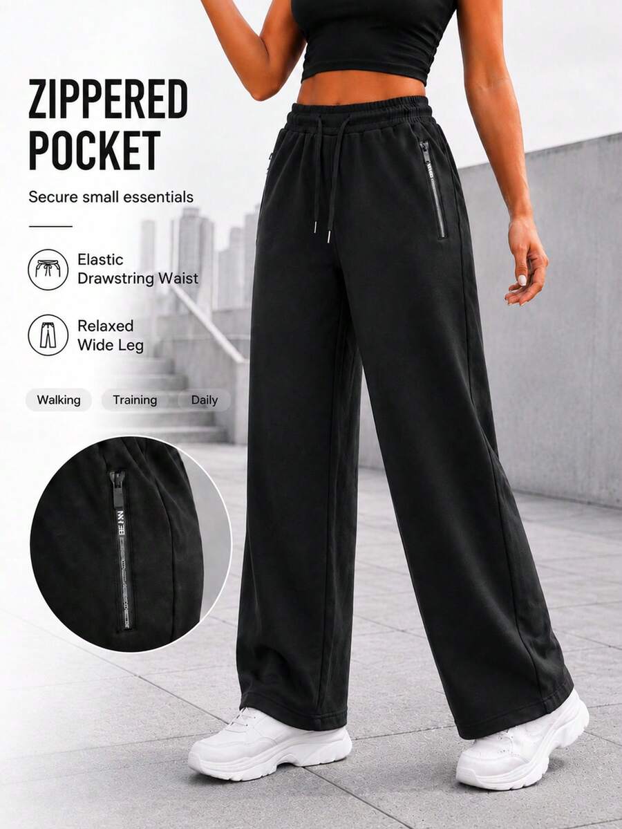 Women's Black Athletic Wide Leg Pants With Drawstring Elastic Waist And Zipper Side Pockets Relaxed Fit For Daily Wear - Black - View 1