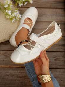 Women's Hook & Loop Mesh Breathable Round Toe Flat Mary Jane Shoes, Vintage Gentle Style Spring/Summer Daily Commute Shoes - Beige - View 3