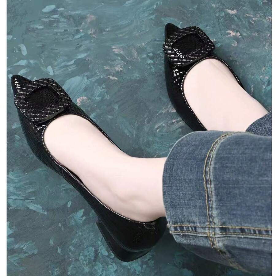 High Heel Pumps, Commuter Thick Heel Low Vamp Shoes, Pointed Toe Patent Leather Shiny Work Shoes, Square Buckle Mid Heel Formal Work Shoes - Black - View 1