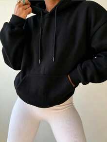 Women's White Loose Comfortable Hooded Sweatshirt, Warm Lining Drawstring Pullover, With Pockets, Suitable For Autumn/Winter Wear - Black - View 7