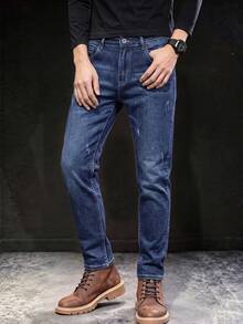 Celana Jeans Denim Slim Fit Pria dengan Detail Garis-Garis Tipis yang Terlihat, Bahan Elastis yang Nyaman, Tidak Ketat, Celana Jeans Kasual Serbaguna untuk Pakaian Kerja. - Biru - View 2