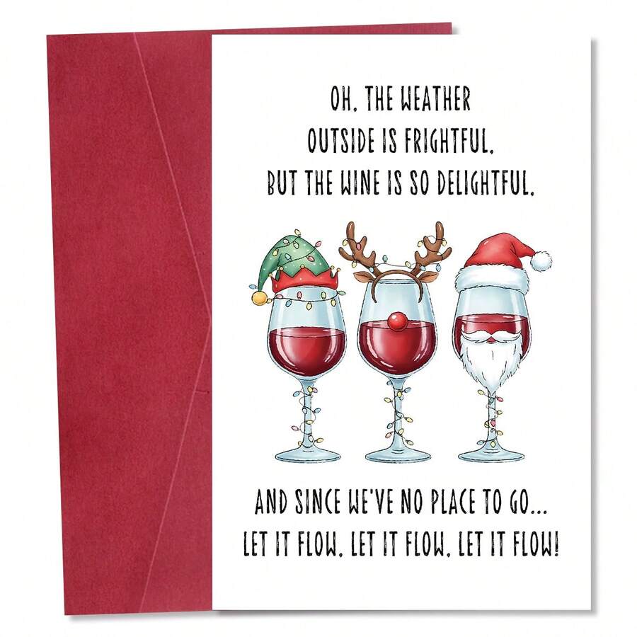 1pc Funny "Let It Flow" Christmas Card With Envelope, Festive Christmas Greeting Card, Holiday Wishes Card For Christmas & New Year Celebration, Xmas Gift For Wine Lovers, Friends & Family - A - View 1