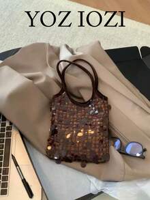 Korean Style Shiny Sequin Niche Design Ins Style Patchwork Handbag, Commute, Outing, Daily Shopping, Shoulder Slouchy Handbag - Coffee Brown - View 1