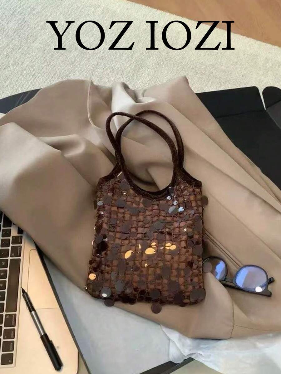 Korean Style Shiny Sequin Niche Design Ins Style Patchwork Handbag, Commute, Outing, Daily Shopping, Shoulder Slouchy Handbag - Coffee Brown - View 1