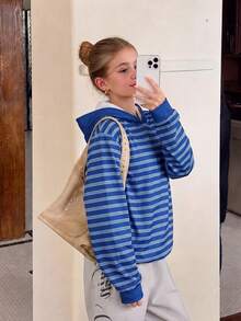 1pc Tween Boys Royal Blue & White Thin Striped Patchwork Hooded Sweatshirt, Minimalist Solid Color Brim Loose Fit Unisex Kids Spring Autumn Basic Casual Sweatshirt - Blue - View 2