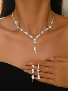 Luxury Sparkling Bridal Jewelry Set, V-Neck Necklace & Dangle Earrings, Suitable For Bridesmaids, Wedding Guests, Banquet Party Accessories - 1772 Silver-hB - View 1