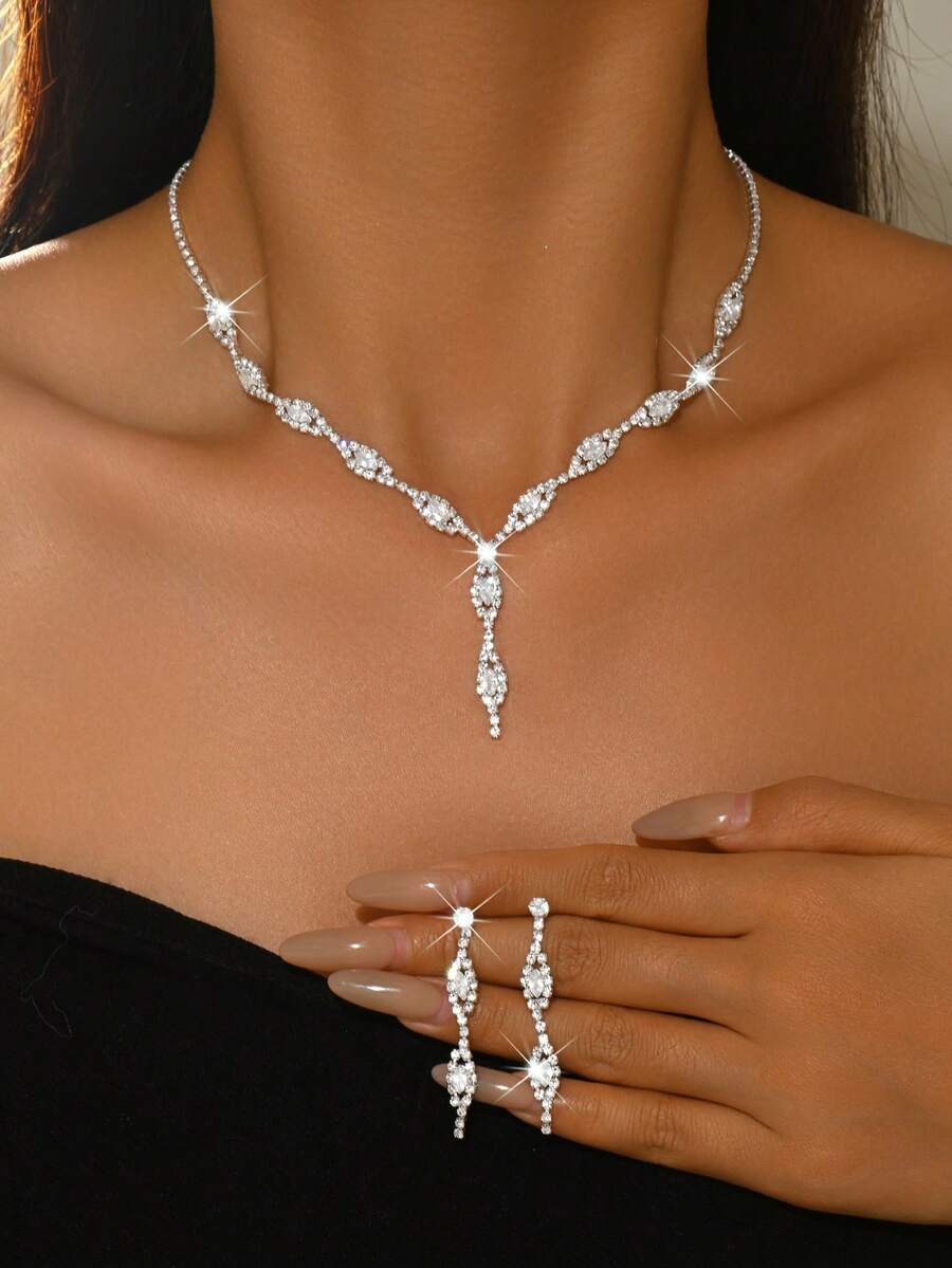 Luxury Sparkling Bridal Jewelry Set, V-Neck Necklace & Dangle Earrings, Suitable For Bridesmaids, Wedding Guests, Banquet Party Accessories - 1772 Silver-hB - View 1