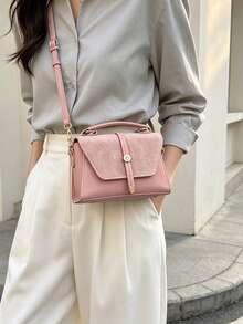 Handbag With Suede And PU Patchwork Flap Design, Structured Small Square Body Resistant To Softening And Deformation, Interior Space Can Store Phone, Lipstick, Powder, Earphones And Other Daily Essentials, Suitable For Work, Commute, Shopping, Dating And Daily Outings - Pink - View 8