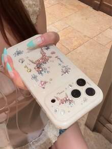 Ins Vintage Laser Flower & Deer Pattern Protective Phone Case Compatible With Iphone 17 Pro Max/16 Pro/15, Personalized Girls' Anti-Drop Cover - White - View 2