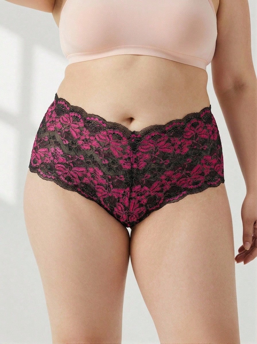Rosiemei 1pc Women's Plus Size Sexy Lace Dual-Color Gold Metallic Splice Comfortable Breathable Boxer Briefs - Hot Pink - View 1