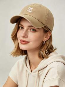 1Pc Women Vintage Washed Baseball Cap, A‑Z Letter Embroidery Soft Curved Brim Dad Hat, Casual Sun Protection Hat For Daily Commute Street‑Style Wear - Khaki - View 2