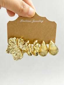 3-9 Pairs Elegant Creative Fashion Vintage Floral Water Drop Water Pipe Shaped Lightweight Earring Set, C-Shaped Earrings, CCB Gold Color Women's Earrings, Suitable For Women's Daily Wear - Gold - View 4