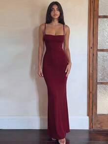 女士纯色开衩修身露背性感优雅连衣裙，适合春夏夜晚外出、派对、夜店、度假、海滩休闲穿着。 - 酒紅色 - 查看 6