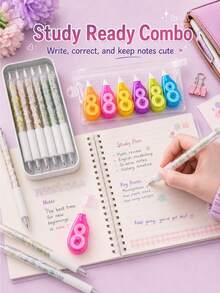 12pcs Retractable Black Pens With Candy Color Correction Tape, 0.5mm Quick-Drying Black Ink, Exquisite Floral Design, Smooth Writing For Notebooks And Office Supplies, Back To School Stationery Pen Set School Supplies - A - View 2
