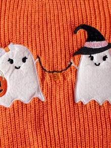 Girls' Orange Round Neck Long Sleeve Knitted Sweater, Halloween Ghost & Pumpkin Embroidered Pattern, Sweet Cute Casual Versatile Pullover, Suitable For Holiday Party, Daily Wear, Spring, Autumn, Winter - Orange - View 3